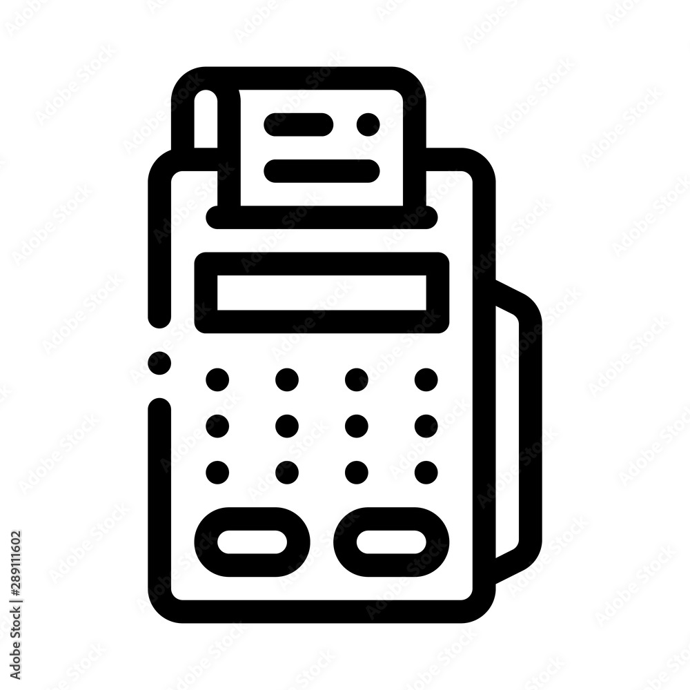Poster cash machine calculator and check vector icon thin line. money sign on smartphone display and magnif