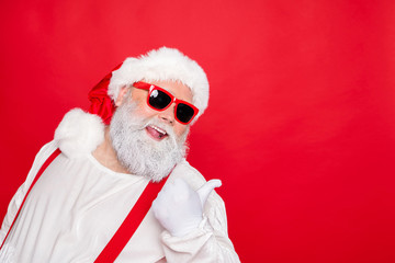 Close up photo of cheerful funny fat overweight style stylish trendy santa claus in eyewear...