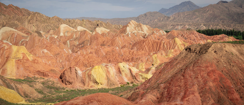 Rainbow mountains panorama, Zhangye danxia, China. View at Zhangye Danxia geological park, Zhangye. Colorful rainbow mountains at the geological park in Gansu. China landscape.
