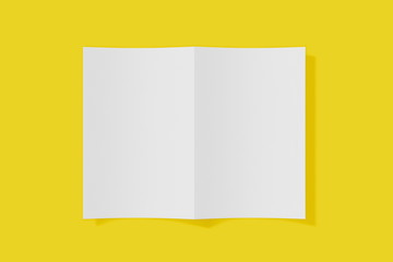 Mockup vertical booklet, brochure, invitation isolated on a yellow background with soft cover and realistic shadow. 3D rendering.