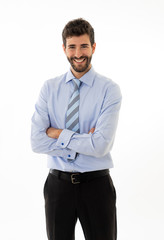 Half-length portrait of attractive stylish and successful businessman smiling with confidence
