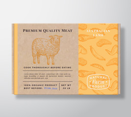 Meat Pattern Realistic Cardboard Box Container. Abstract Vector Packaging Design or Label. Modern Typography, Hand Drawn Lamb or Sheep Silhouette. Craft Paper Background Layout.