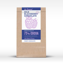 The Original Milk Blackberry Chocolate. Craft Paper Bag Product Label. Abstract Vector Packaging Design Layout with Realistic Shadows. Modern Typography and Hand Drawn Berries Silhouette.