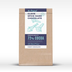 The Original Clove Spice Chocolate. Craft Paper Bag Product Label. Abstract Vector Packaging Design Layout with Realistic Shadows. Modern Typography and Hand Drawn Spices Silhouette.
