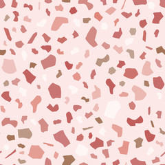 Terrazzo Seamless Vector Pattern in Pink Colors. Classic Italian Flooring Texture in Venetian Style. Composite Stone Tiles of Marble, Granite, Glass, Rock.