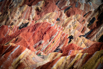 Zhangye Danxia, rainbow mountains China, Gansu province. Chinese landscape with beautiful geological layers in the hills. Unique Chinese landscape. 