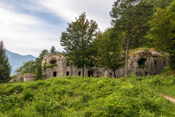 Fototapeta na wymiar Fort Hermann. Crumbling World War I Fortress near Mount Rombon. Bovec, Gorizia, Slovenia. Europe.