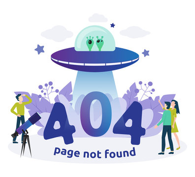 Error 404 illustration concept for web page. Isolated vector sign for web site page. Flat image for page not found with UFO and people around. Cartoon people watching on spaceship with telescope.