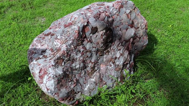 Natural specimen of conglomerate - sedimentary rock composed of rounded or sub-rounded gravel and pebbles cemented by calcium carbonate on ground field.