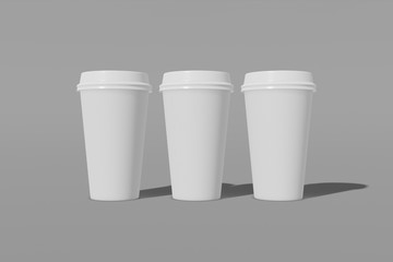 Set of three white paper mockup cup with a lid on a grey background. 3D rendering