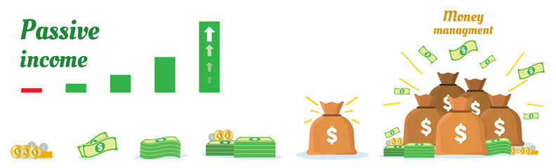 Concept for passive or active income visualised with growth bars to the way to success. Treasure sack of gold in on top. Flat cartoon design. Steps infographic for making money.