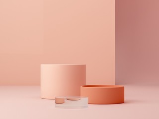 Abstract minimal scene with geometrical forms. Cylinder podiums in cream colors. Abstract background. Scene to show cosmetic podructs. Showcase, shopfront, display case. 3d render. 