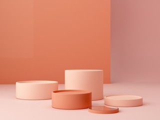 Abstract minimal scene with geometrical forms. Cylinder podiums in cream colors. Abstract background. Scene to show cosmetic podructs. Showcase, shopfront, display case. 3d render. 