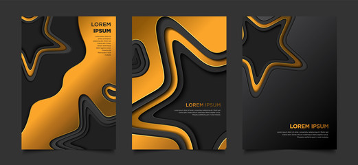 3d Elegant luxury gold star paper cut style cover design set, advertising, branding, presentation design template