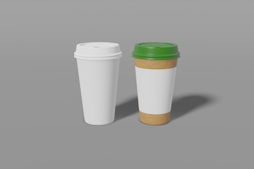 Two paper cups with a lid - white and brown with place for text on a grey background. 3D rendering