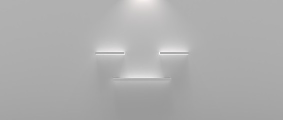 Diseño de repisa tridimensional con iluminación y diferentes niveles. Fondo con materiales plásticos, madera, metálicos y mosaicos de piedras y mármol. Fondo 3d con luces y sombras