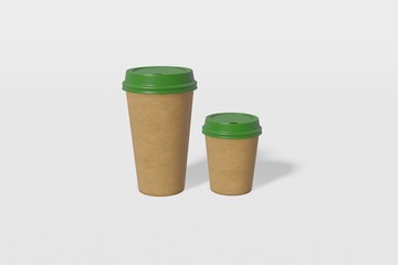 Two mockup paper cups brown color of different sizes with a green lid on a white background. 3D rendering