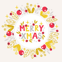 Christmas greeting card with stars, berries, mistletoe, leaves, snowflakes