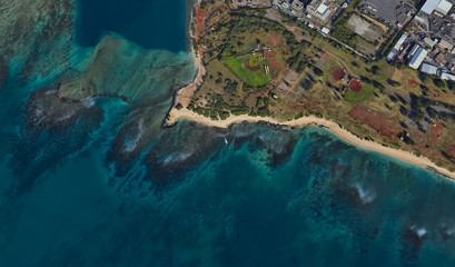 Pacific coast and infrastructure of Honolulu Hawaii USA from the height of the drone flight