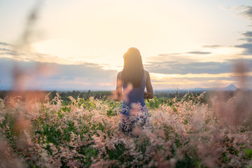 Trendy girl in stylish summer dress feeling free in the field with flowers in sunshine.