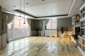 empty interior design living room. balcony with large windows. Scandinavian style. TV unit and library. 3D rendering