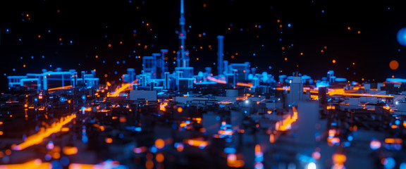 Abstract 3d render of techno mega city. Urban and futuristic visual technology concepts