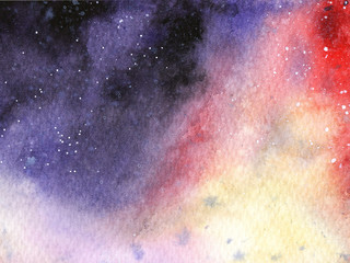 Hand painted abstract Watercolor Wet purple Outer space and stars Background with stains.