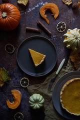 Pumpkin pie with cinnamon and vanilla on a plate.