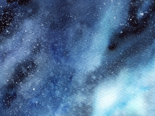 Hand painted abstract Watercolor Wet turquoise Outer space and stars Background with stains.
