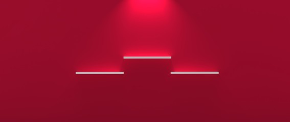 Diseño de repisa tridimensional con iluminación y diferentes niveles. Fondo con materiales plásticos, madera, metálicos y mosaicos de piedras y mármol. Fondo 3d con luces y sombras