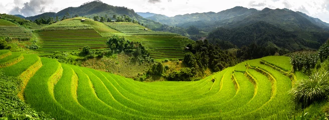 Photo sur Plexiglas Mu Cang Chai Mu Cang Chai, Vietnam. Des rizières en terrasses jaunes et vertes spectaculaires de Mu Cang Chai, dans le nord du Vietnam. La lumière du soleil brille sur les rizières colorées. Étape de transition vers la saison de récolte.