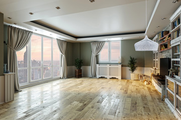 empty interior design living room. balcony with large windows. Scandinavian style. TV unit and library. 3D rendering