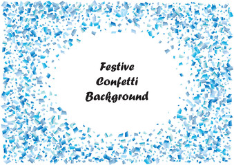 Festive blue rectangle confetti background. Abstract frame confetti texture for holiday, postcard, poster, website, carnival, birthday, children's parties. Cover confetti mock-up. Wedding card layout