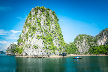 Bai tu long bay (Halong bay) rock karst formations in the sea, Vietnam landscape. Holiday tourist attraction.