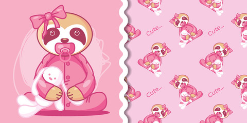 hand drawn cute baby sloth with pattern set