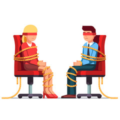 Blindfold business man and woman sitting on chairs