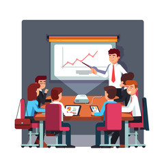 Businessman in suit and tie making presentation explaining charts on conference room white board