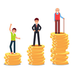 Teen, business man, old senior standing on rising stacks of gold coins money. Financial investments