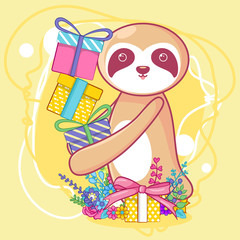 hand drawn cute sloth with gift