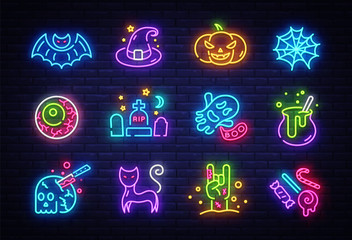 Halloween neon icons set. Happy Halloween collection light signs. Sign boards, light banner. Neon isolated icon, emblem, design template. Vector Illustration © Ivan