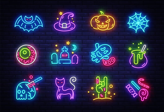 Halloween neon icons set. Happy Halloween collection light signs. Sign boards, light banner. Neon isolated icon, emblem, design template. Vector Illustration