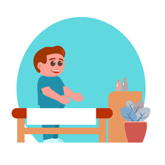 Kind and smiling young male massage therapist in a medical suit invites to the procedure. Before him is a couch. Near a table with aromatic oils. Vector cartoon illustration.