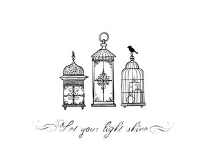 Three vintage rustic lanterns in doodle style on white background.