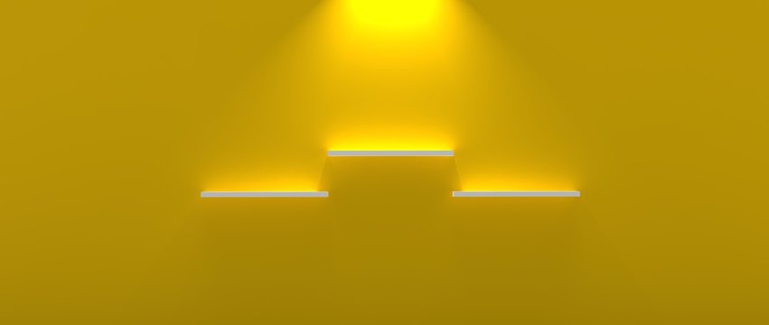 Dise&ntilde;o de repisa tridimensional con iluminaci&oacute;n y diferentes niveles. Fondo con materiales pl&aacute;sticos, madera, met&aacute;licos y mosaicos de piedras y m&aacute;rmol. Fondo 3d con luces y sombras