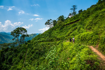 People hiking at Hoang su Phi mountains, Ha Giang province, Vietnam. 