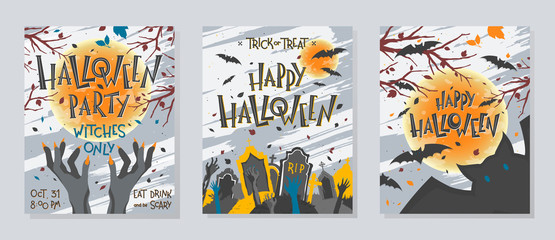 Set of Halloween posters with zombie or witch hands,graveyard,full moon,dead trees and bats.Halloween design perfect for prints,flyers,banners invitations,greetings.Vector Halloween illustrations