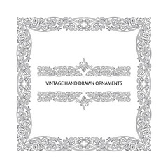 Vintage baroque victorian frame and ornaments. Hand drawn retro style floral frame. Part of set.