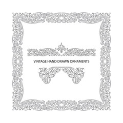 Vintage baroque victorian frame and ornaments. Hand drawn retro style floral frame. Part of set.
