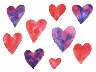 Valentine's day heart set. Watercolor pink, red, blue and blue color heart isolated on white background.