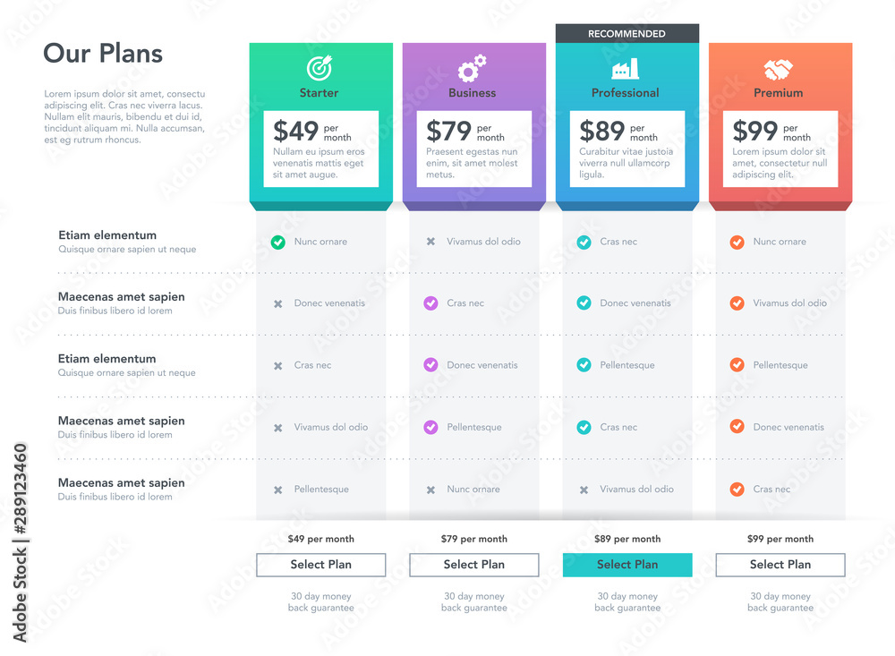 Leinwandbilder modern price comparison table with description of features for commercial business web services and 